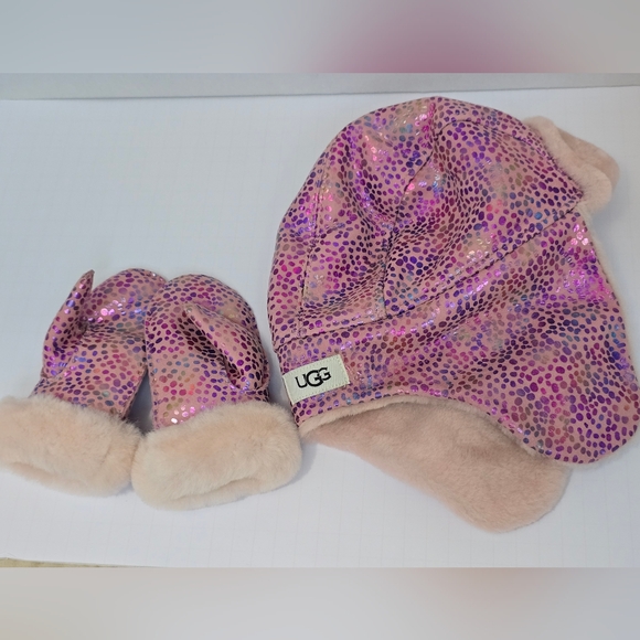 UGG Pink & Purple Metallic Spotted Toddler Leather Trapper Hat & Mittens 2-4yrs - Picture 7 of 12